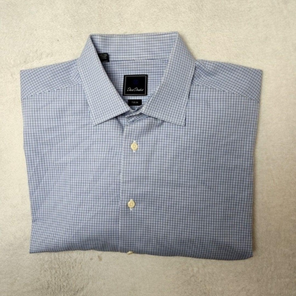 David Donahue Shirt Mens 17.5 34/35 Blue Check Slim Spread Collar Dress Trim